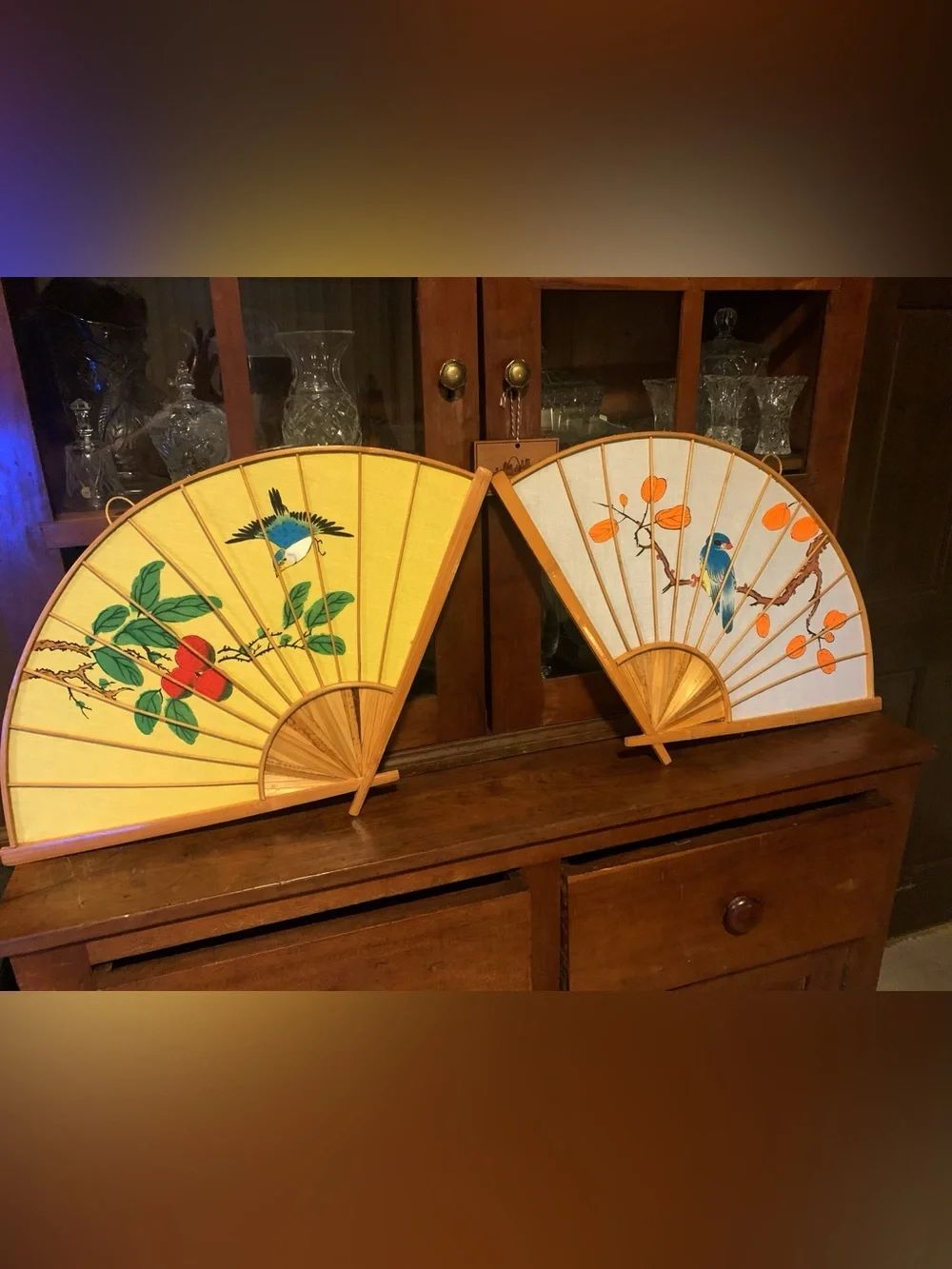 Vintage Asian Wall Art Fan Decor Large Decorative Fan Pair Hand Paint Bird Motif